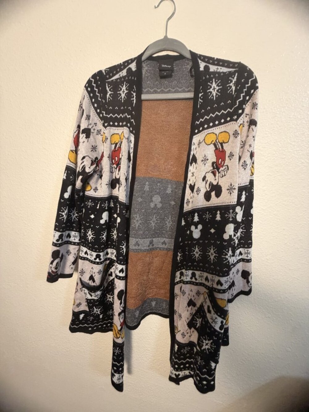 Disney Mickey Mouse Fair Isle Nordic Knit Open Duster Cardigan Christmas Sz 0 S